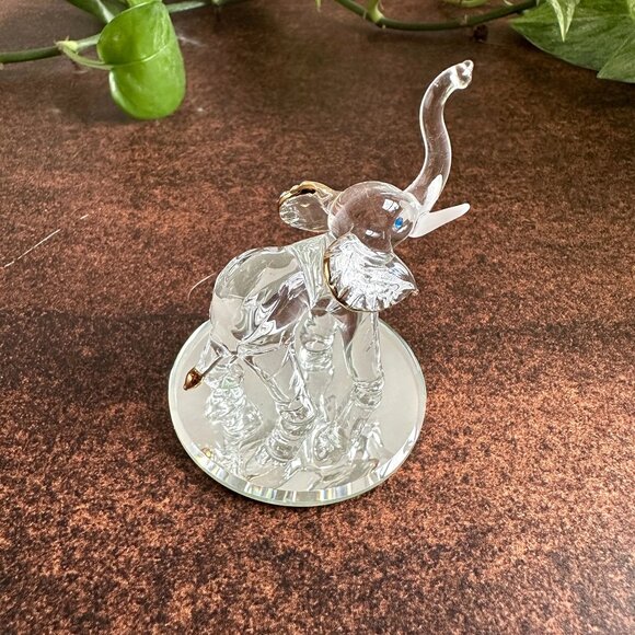 Glass Baron Clear Elephant Figurine Gold Accents - Picture 1 of 11